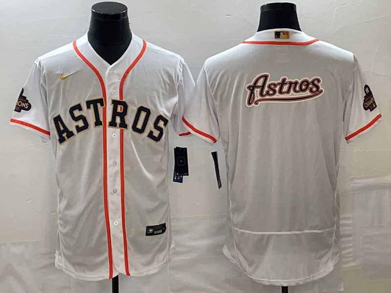Men%27s Houston Astros Big Logo 2023 White Gold World Serise Champions Patch Flex Base Stitched Jerseys->houston astros->MLB Jersey